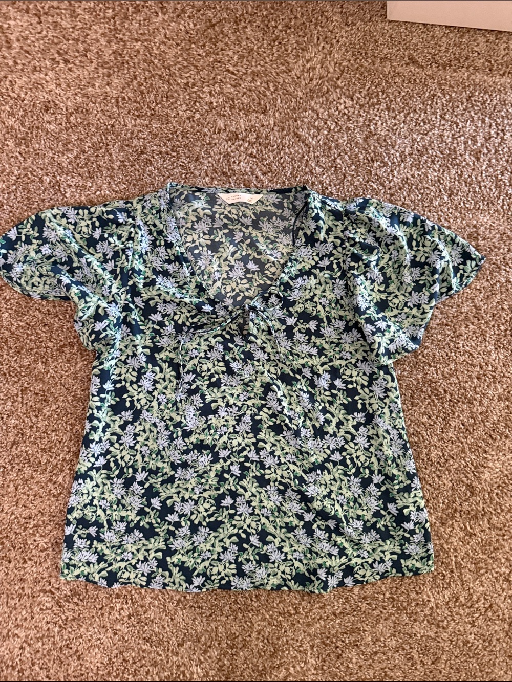 Floral V-Neck Short Sleeve Blouse - Navy/Green